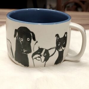 Anthropology Dog Person Coffee/Tea/ Mug Ceramic Matt Cream, Black Blue Interior.